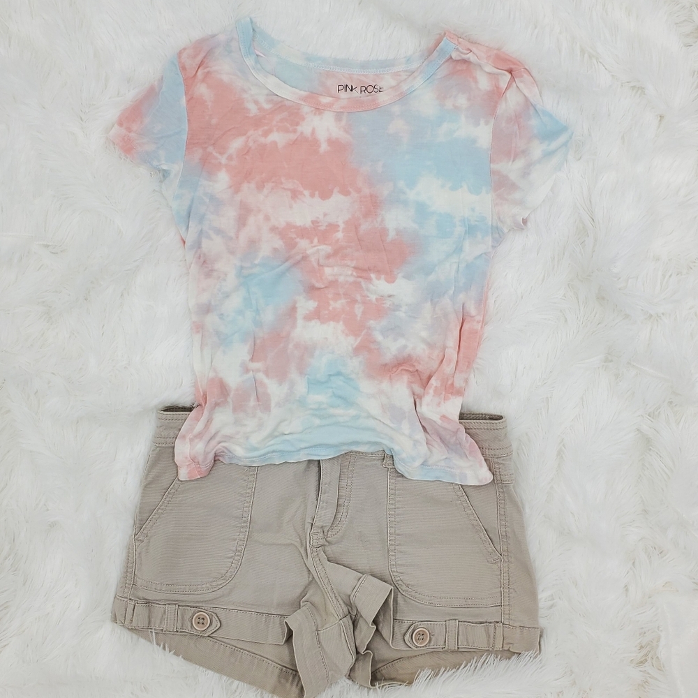 Bundle #3 Pink Rose Tie-Dye T-Shirt and Beige Shorts Set (Not Coord Pair)